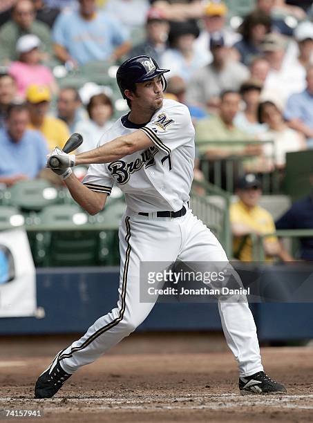 Hardy of the Milwaukee Brewers swings at the pitch against the Washington Nationals on May 9, 2007 at Miller Park in Milwaukee, Wisconsin. The...