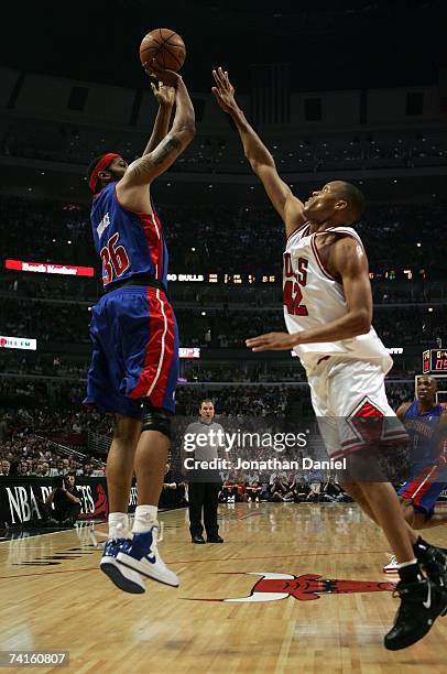 Rasheed Wallace of the Detroit Pistons attempts a shot against P.J. Brown of the Chicago Bulls in Game Three of the Eastern Conference Semifinals...