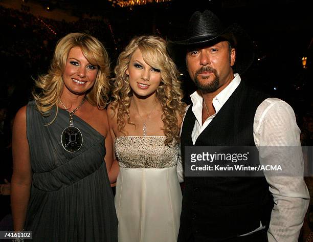 Country music artists Faith Hill, Taylor Swift and Tim McGraw in the audience during the 42nd Annual Academy Of Country Music Awards held at the MGM...