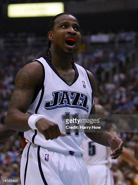 Dee Brown of the Utah Jazz reacts to a Golden State Warriors score in Game Five of the Western Conference Semifinals during the 2007 NBA Playoffs at...
