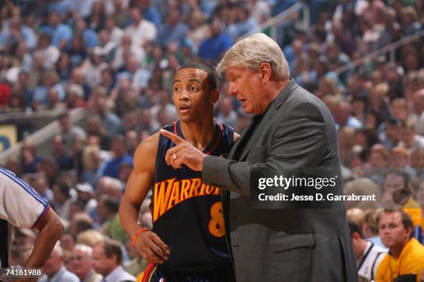 Monta Ellis and Don Nelson of the Golden State Warriors talk against the Utah Jazz in Game Five of the Western Conference Semifinals during the 2007...