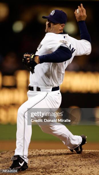 Pitcher Trevor Hoffman of San Diego Padres pitches against the Cincinnati Reds during the 9th inning on May 15, 2007 at Petco Park in San Diego,...