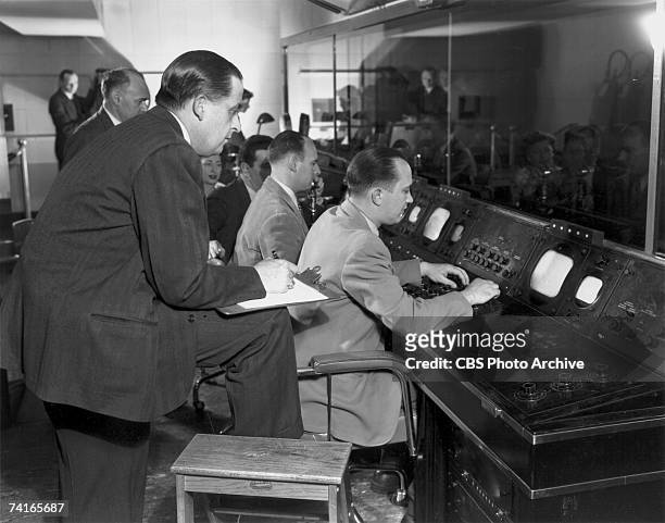 View of the control room in the CBS television studio in the Grand Central Terminal, New York, New York, 1939. The network occupied the building from...
