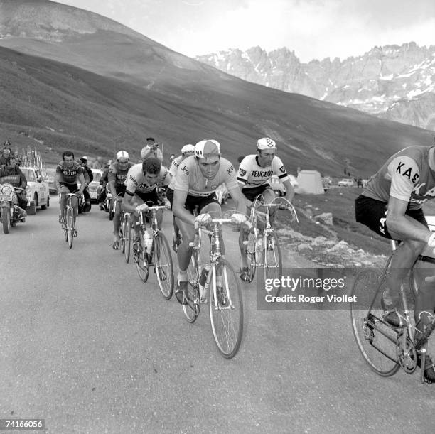 Belgian racing cyclist Eddy Merckx, with, on his left, Roger Pingeon and, in the background, behind, on the center, Raymond Poulidor, during the...