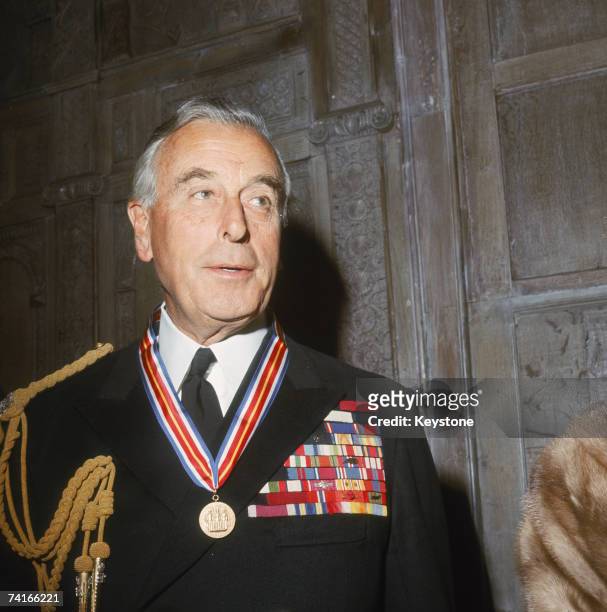 Lord Louis Mountbatten wearing the Veterans of Foreign Wars Merit Award, presented to him by the U.S. Veterans of Foreign Wars organization for...