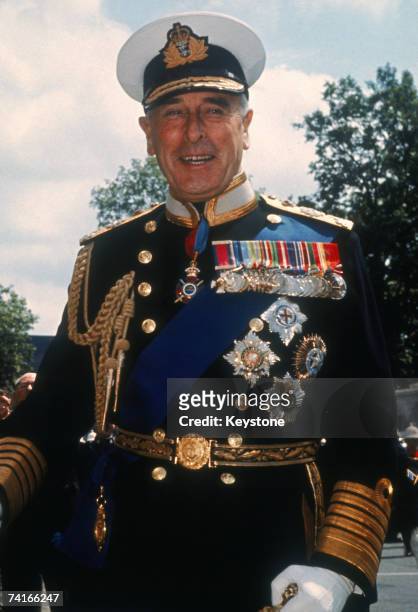 Admiral of the Fleet Lord Louis Mountbatten at the Ministry of Defence, London, after his retirement from the office of Chief of the Defence Staff,...