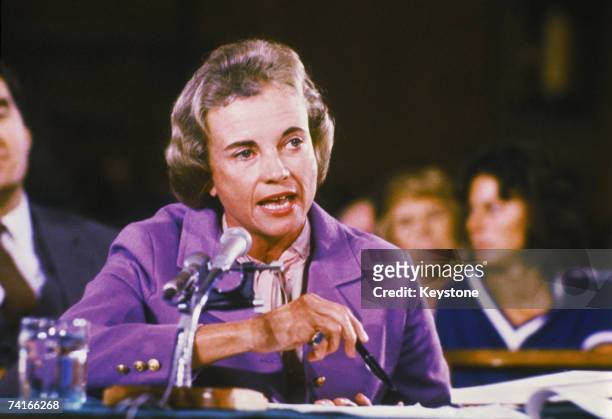 American lawyer Sandra Day O'Connor testifying at a judicial hearing, September 1981. O'Connor was appointed Associate Justice of the United States...