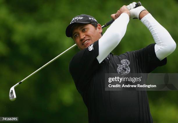 Michael Campbell of New Zealand hits his second shot on the second hole during the Pro-Am for the Irish Open, at the Adare Manor Hotel and Golf...