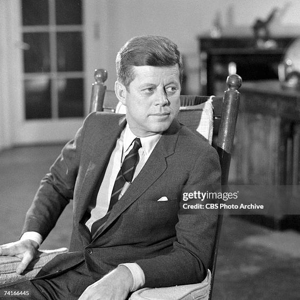 Portrait of American President John F. Kennedy in the White House during the filming a televised interview entitled 'After Two Years: A Conversation...