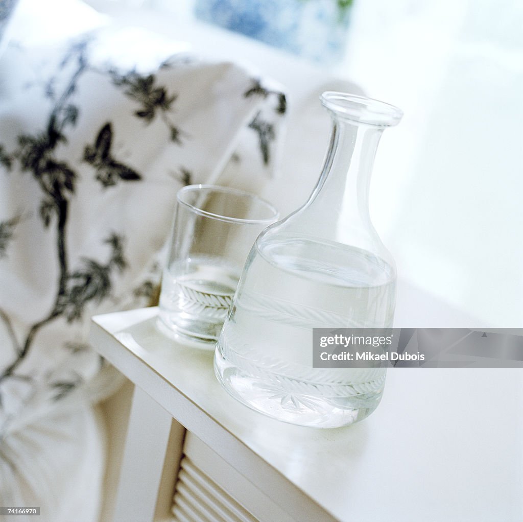 A glass of water and bottle beside the bed.