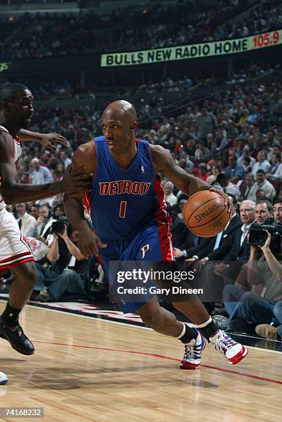 Chauncey Billups of the Detroit Pistons moves the ball against Ben Gordon of the Chicago Bulls in Game Three of the Eastern Conference Semifinals...