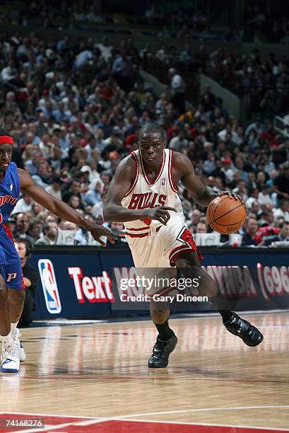 Luol Deng of the Chicago Bulls moves the ball against the Detroit Pistons in Game Three of the Eastern Conference Semifinals during the 2007 NBA...