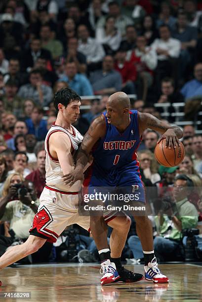 Chauncey Billups of the Detroit Pistons moves the ball against Kirk Hinrich of the Chicago Bulls in Game Three of the Eastern Conference Semifinals...
