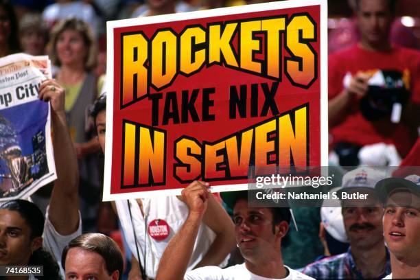 Fan holds a sign in support of the Houston Rockets during Game Seven of the NBA Finals against the New York Knicks played on June 22, 1994 at the The...