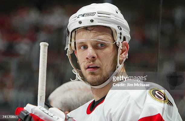 Jason Spezza of the Ottawa Senators looks on against the New Jersey Devils during Game 5 of the 2007 Eastern Conference Semifinals on May 5, 2007 at...
