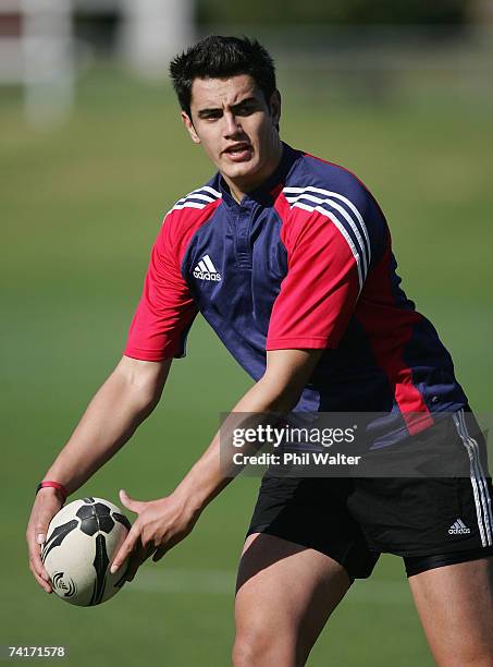 Isaac Ross of the New Zealand Maori looks to pass the ball during the New Zealand Maori training session at North Harbour Stadium May 17, 2007 in...