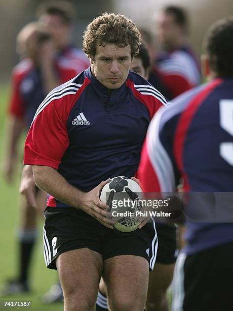 Craig West of the New Zealand Maori runs up with the ball during the New Zealand Maori training session at North Harbour Stadium May 17, 2007 in...
