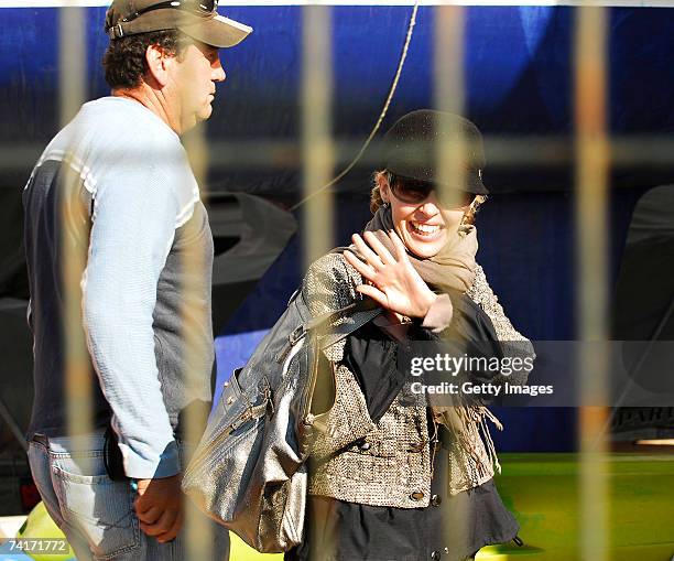 Singer Kylie Minogue waves during her holiday in Chile in the town of Papudo, about 190km north of Santiago, on May 7, 2007 in Papudo, Chile. Kylie...