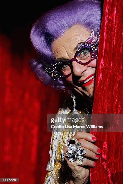 Barry Humphries, in character as Dame Edna Everage, performs a scene from her new stage show "Back with a Vengeance" ahead of this evening?s opening...