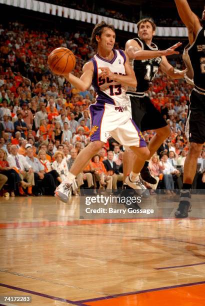 Steve Nash of the Phoenix Suns passes against the San Antonio Spurs in Game Five of the Western Conference Semifinals during the 2007 NBA Playoffs at...
