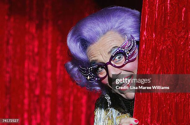 Barry Humphries, in character as Dame Edna Everage, performs a scene from her new stage show "Back with a Vengeance" ahead of this evening?s opening...