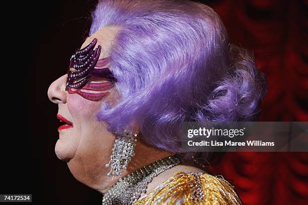 Barry Humphries, in character as Dame Edna Everage, performs a scene from her new stage show "Back with a Vengeance" ahead of this evening?s opening...