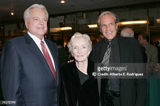 Film historian Robert Osborne, actress Nina Foch and diretor Randall Kleiser attend the AMPAS Centennial Celebration for Barbara Stanwyck on May 16,...