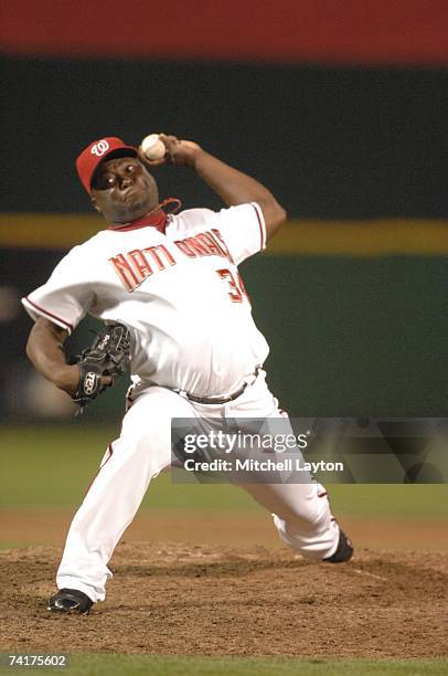 Ray King of the Washington Nationals pitches during a baseball game against the Atlanta Braves on May 15, 2007 at RFK Stadium in Washington D.C. The...