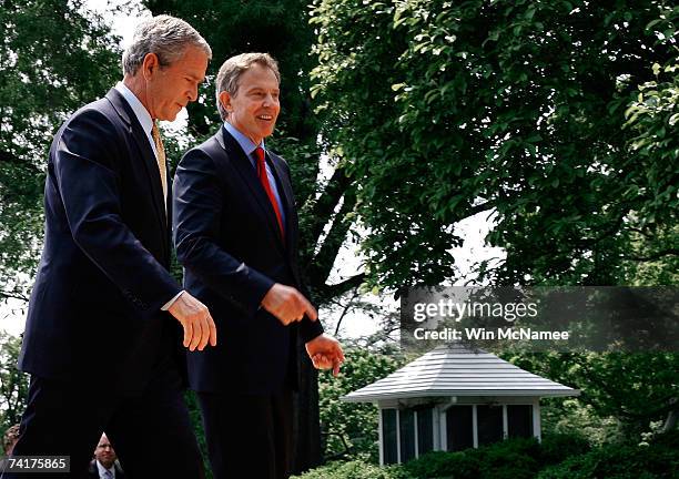George W Bush And Tony Blair Meet In Washington Photos and Premium High
