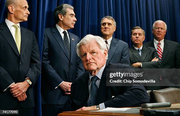 Senator Ted Kennedy leads a news conference with Homeland Security Secretary Michael Chertoff, Commerce Secretary Carlos Gutierrez, Sen. Jon Kyl ,...