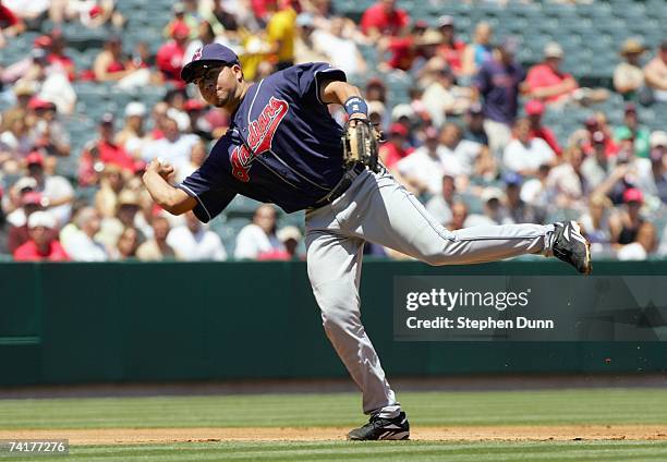 Jhonny Peralta of the Cleveland Indians fields the ball against the Los Angeles Angels of Anaheim on May 10, 2007 at Angel Stadium in Anaheim,...