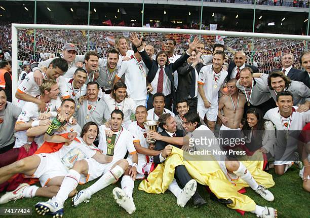 The Roma team celebrate winning the Coppa Italia after the Coppa Italia final, second leg match between Internazionale and Roma at the Stadio...