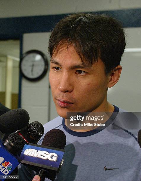 Richard Park of the New York Islanders talks to reporters following the game against the New Jersey Devils at Continental Airlines Arena on April 8,...