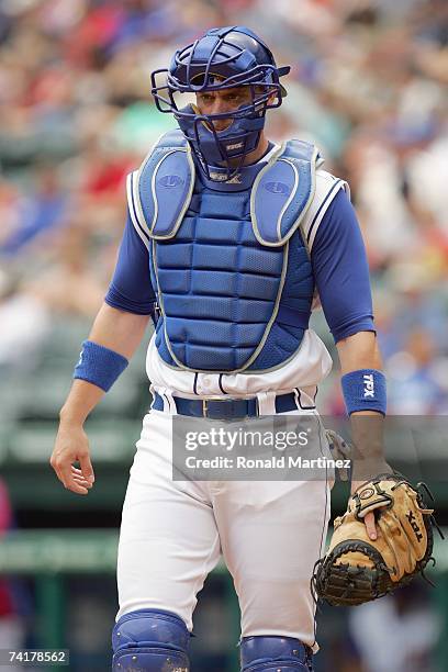 Catcher Chris Stewart of the Texas Rangers walks on the field during the game against the Toronto Blue Jays on May 6, 2007 at Rangers Ballpark in...