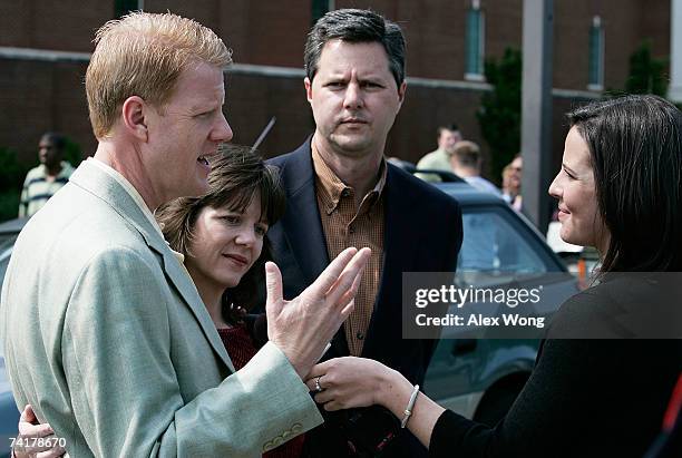 Jonathan Falwell, Jeannie Falwell Savas, and Jerry Falwell Jr. Speak to the media after a viewing of their late father, the Rev. Jerry Falwell, lying...