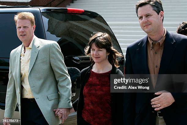 Jonathan Falwell, Jeannie Falwell Savas, and Jerry Falwell Jr. Walk toward the media for an interview after a viewing of their late father, the Rev....