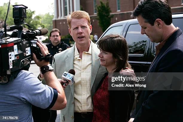 Jonathan Falwell, Jeannie Falwell Savas, and Jerry Falwell Jr. Speak to the media after a viewing of their late father, the Rev. Jerry Falwell, lying...