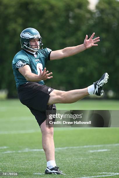 Punter Saverio Rocca of the Philadelphia Eagles punts during mini-camp on May 12, 2007 at the NovaCare Complex in Philadelphia, Pennsylvania.