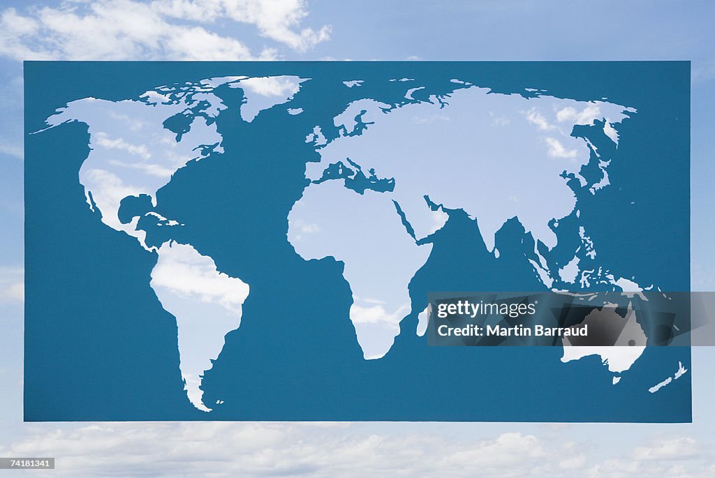 World map with blue sky and clouds