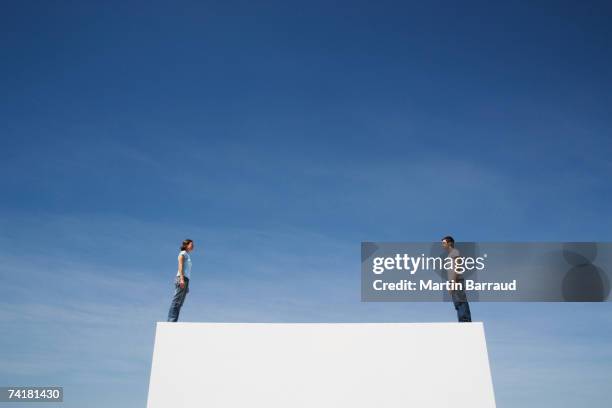 man and woman standing on box at both ends outdoors with blue sky - far stock pictures, royalty-free photos & images