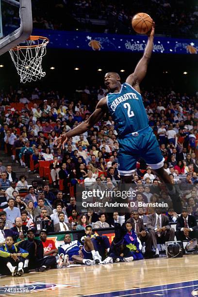 Larry Johnson of the Charlotte Hornets soars for a dunk during the 1992 Slam Dunk Contest at Orlando Arena in Orlando, Florida. NOTE TO USER: User...