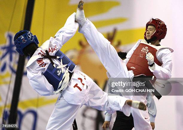 Taiwan's Yang Shu Chun blocks a kick from China's Wu Jingyu in the women's 47kg quarterfinals of the World Taekwondo Championship in Beijing 18 May...