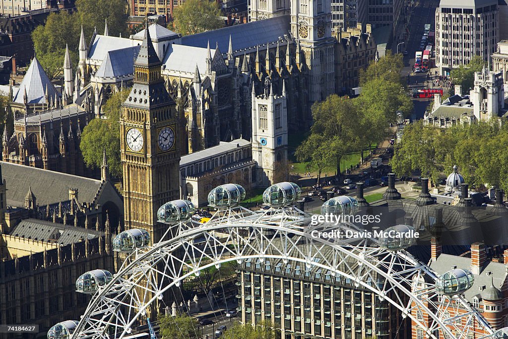 Aerial view of London showing Houses of Parliament and London Eye on the river Thames
