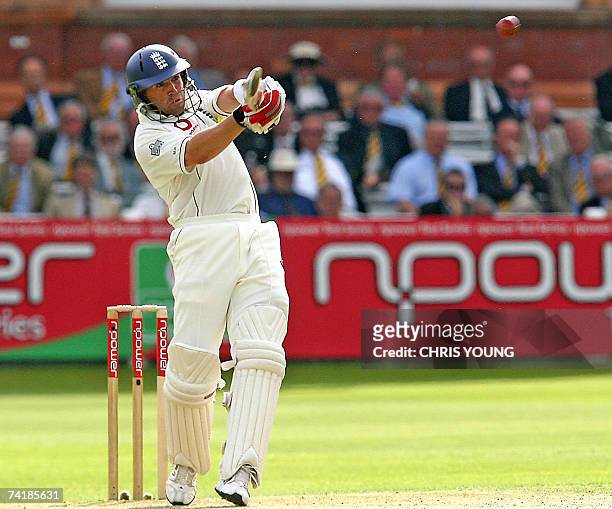 London, UNITED KINGDOM: England Matt Prior hooks a delivery by Corey Collymore towards the boundary to record his maiden half century during the...