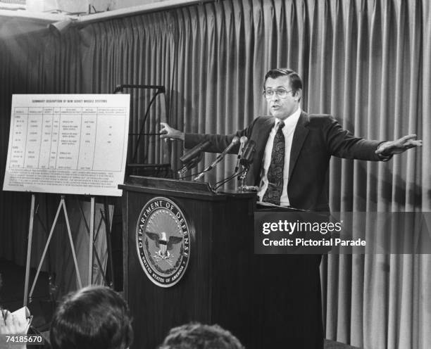 Secretary of Defence Donald Rumsfeld holds a press conference in Washington DC on Russian-US missile strength, 27th September 1976.