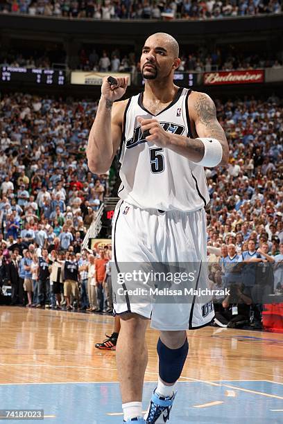 Carlos Boozer of the Utah Jazz celebrates a play in Game Five of the Western Conference Semifinals against the Golden State Warriors during the 2007...