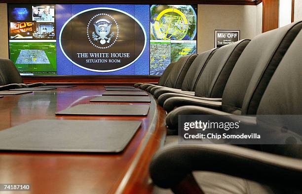 The main conference area of the White House Situation Room has been newly remodeled and was shown to the press May 18, 2007 in Washington, DC. The...