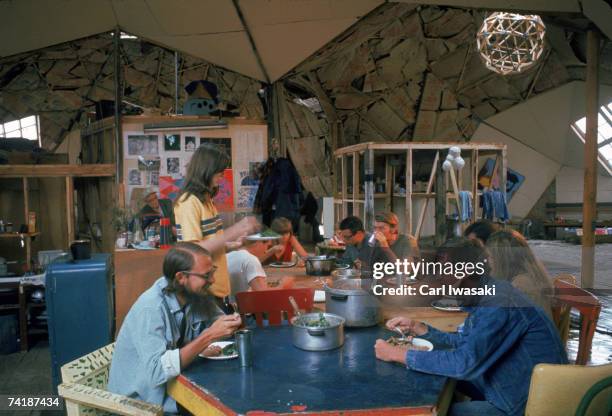 View of life inside 'Drop City,' an experimental, counter-culteral community based around cheaply constructed geodesic dome structures, Trinidad,...