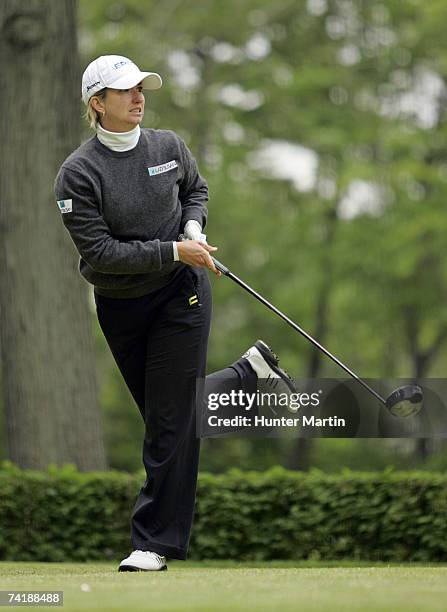 Karrie Webb of Australia hits her tee shot on the 6th hole during the second round of the LPGA Sybase Classic at Upper Montclair Country Club on May...
