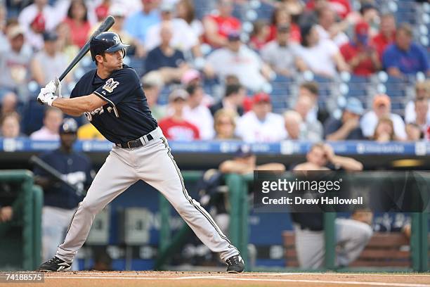 Shortstop J.J. Hardy of the Milwaukee Brewers bats during the game against the Philadelphia Phillies on May 15, 2007 at Citizens Bank Park in...